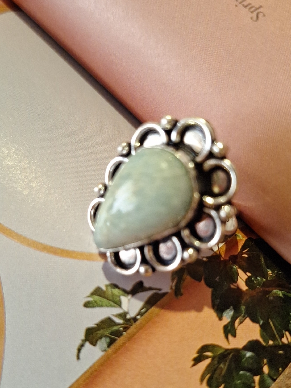 Silver Teardrop Green Stone Women’s Ring